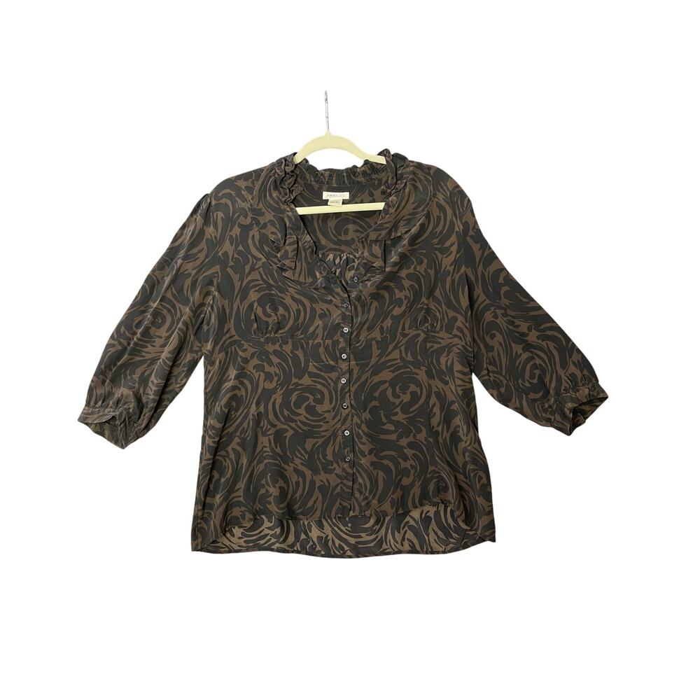 Y2K Vintage Harold’s 100% Silk Ruffle Collar Empire Waist Button Up Shirt XL
